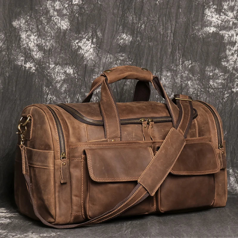 Retro Brown Men's Hand Luggage Bag Crazy Horse Leather/ Large Capacity Travel Bag /Business Weekend/ One Shoulder Messenger Bag