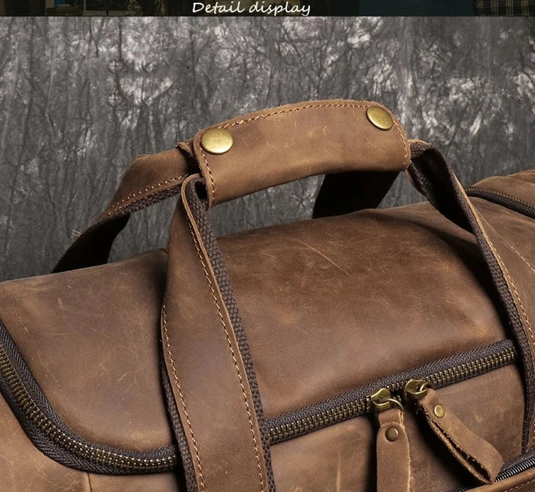 Retro Brown Men's Hand Luggage Bag Crazy Horse Leather/ Large Capacity Travel Bag /Business Weekend/ One Shoulder Messenger Bag