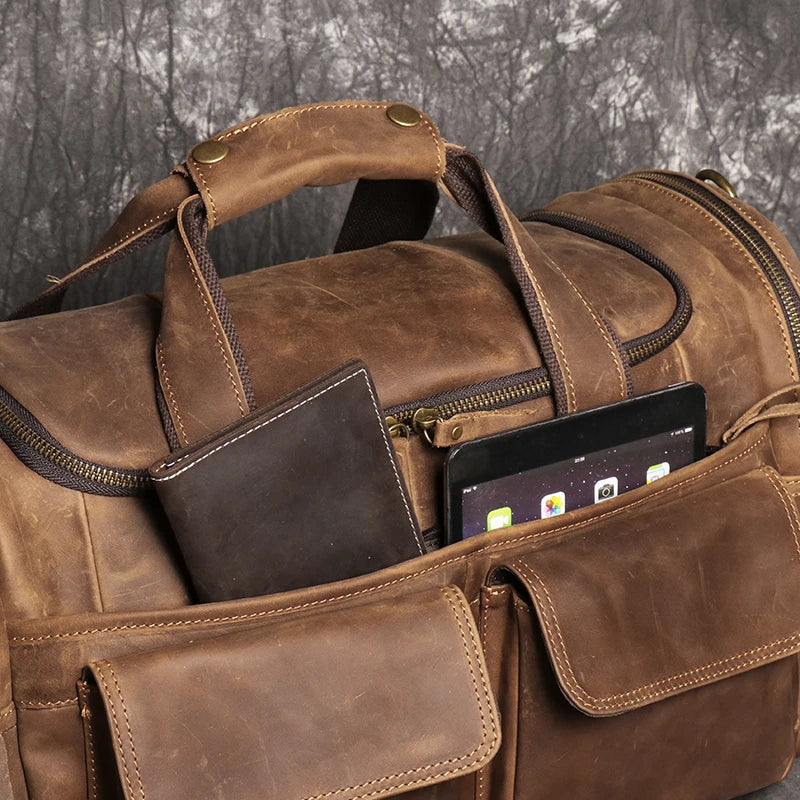 Retro Brown Men's Hand Luggage Bag Crazy Horse Leather/ Large Capacity Travel Bag /Business Weekend/ One Shoulder Messenger Bag